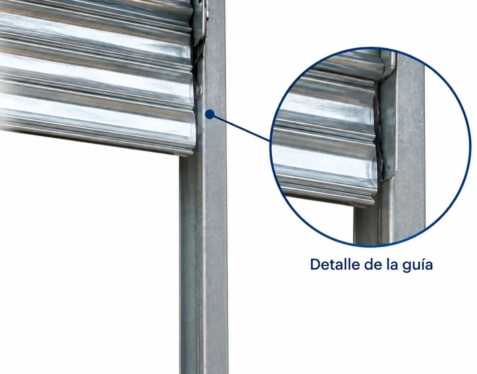 Guía lateral galvanizada con las láminas, con detalle ampliado de la guía